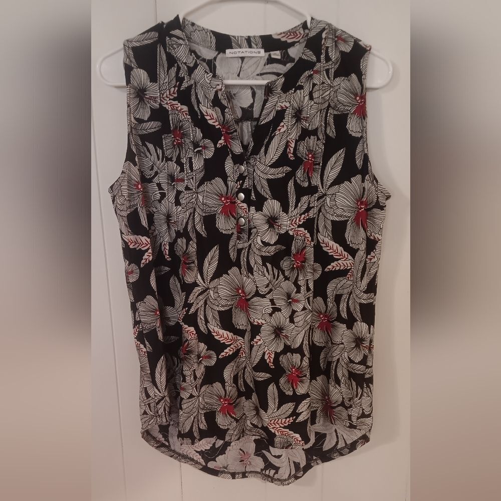 Notations Black, White, Red Boho  Floral Tropical Blouse Size Medium
